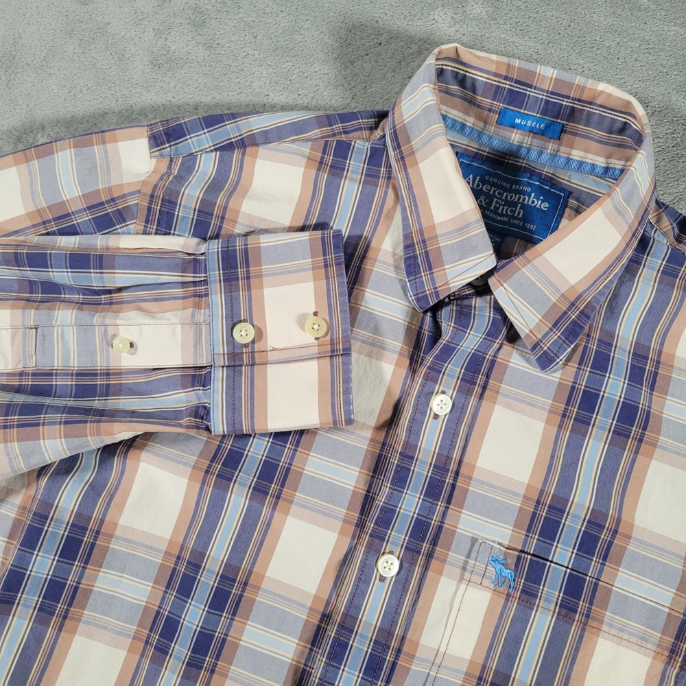 Abercrombie & Fitch Shirt Mens Large Blue Beige Plaid‎ Muscle Fit Logo Button Up